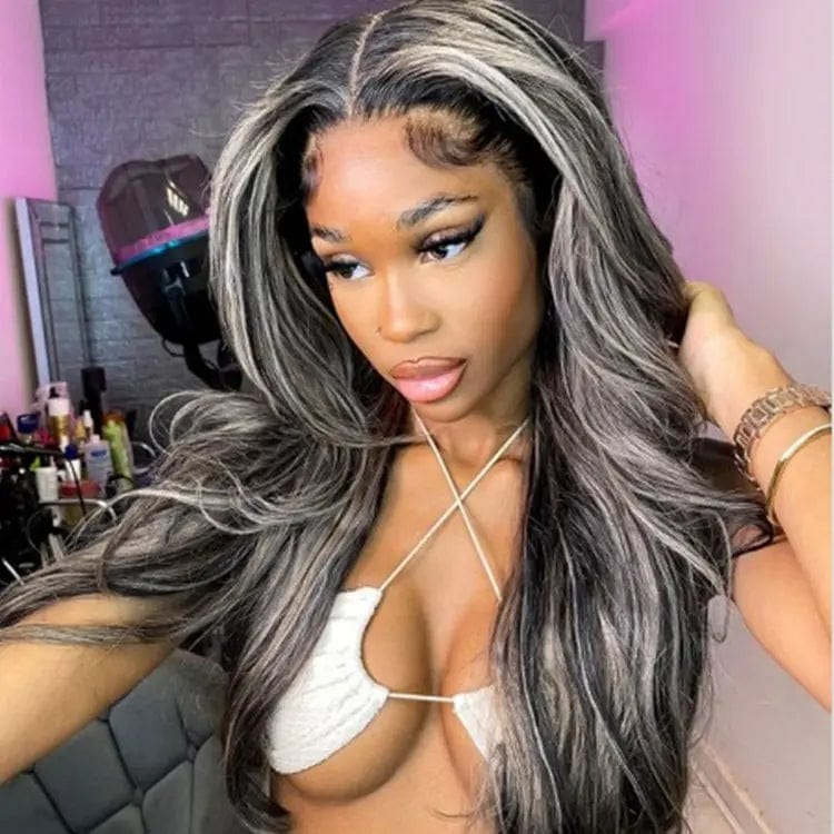 Natural Black White Highlight Color Straight Human Hair Wig Pre Plucked Cuticle Aligned Lace Front Wigs