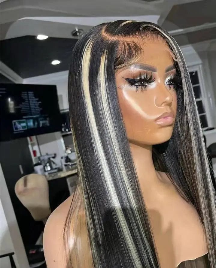 Natural Black White Highlight Color Straight Human Hair Wig Pre Plucked Cuticle Aligned Lace Front Wigs