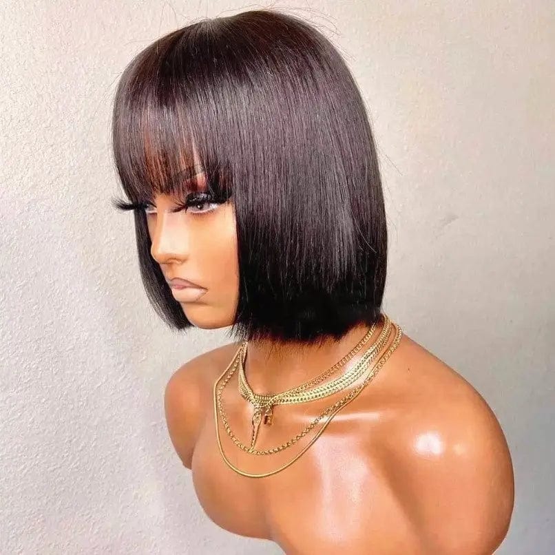 Natural Color Silky Bob Straight Wigs Virgin Unprocessed Human Hair Lace Front Wigs With Bangs