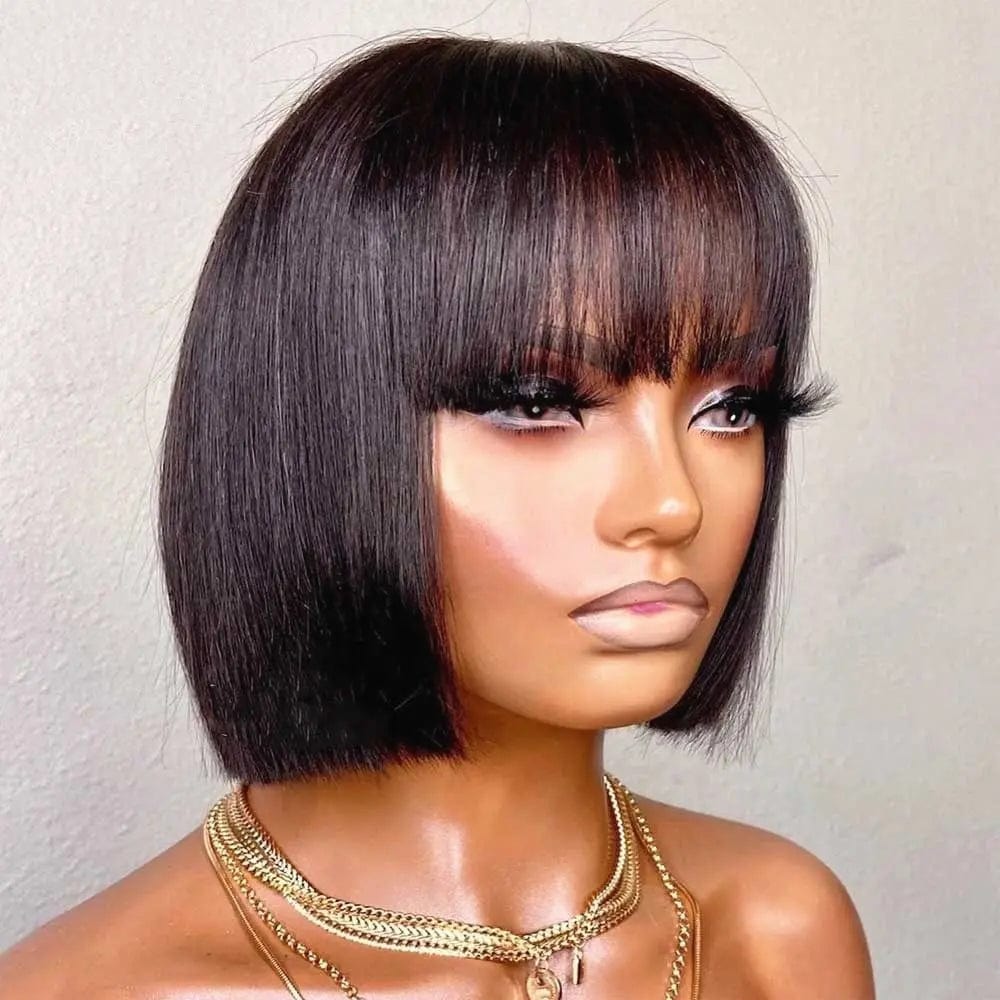 Natural Color Silky Bob Straight Wigs Virgin Unprocessed Human Hair Lace Front Wigs With Bangs