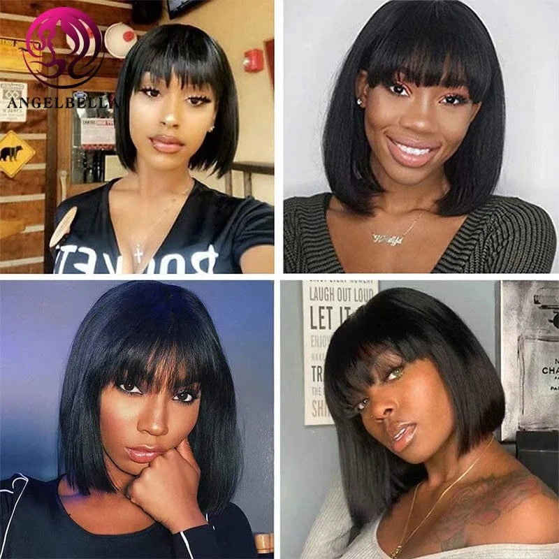Natural Straight Short BOb Wigs With Bangs Vendors Brazilian Human Hair Wig Bulk Virgin Remy Machine Made Cheap Wigs