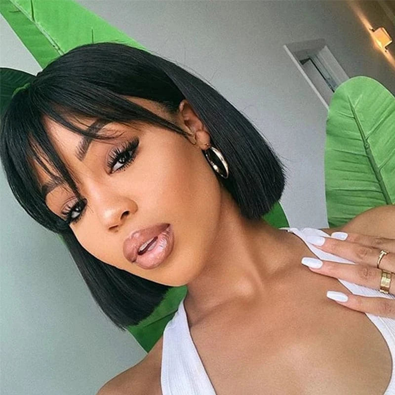 Natural Straight Short BOb Wigs With Bangs Vendors Brazilian Human Hair Wig Bulk Virgin Remy Machine Made Cheap Wigs