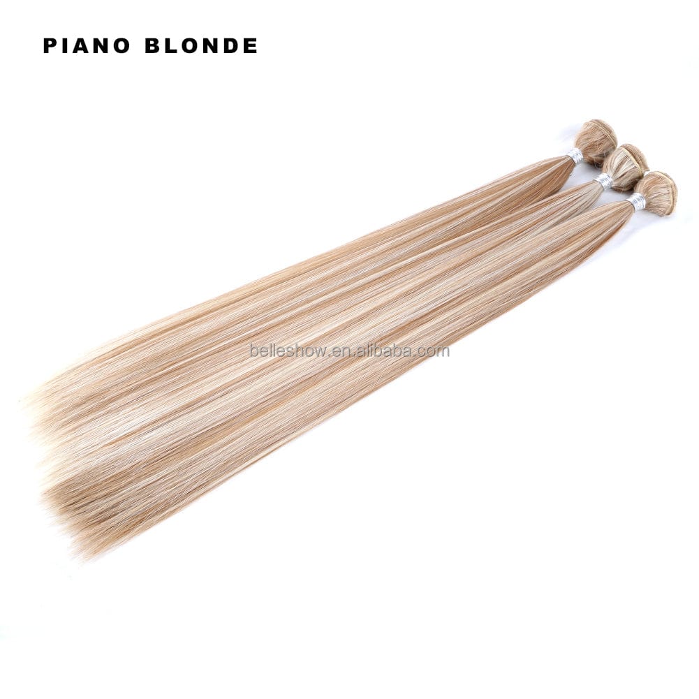 Nature High Temperature Synthetic Hair Weave Extensions 26 Inch Long Bone Straight Ash Blonde Silk Hair Bundle Full To End