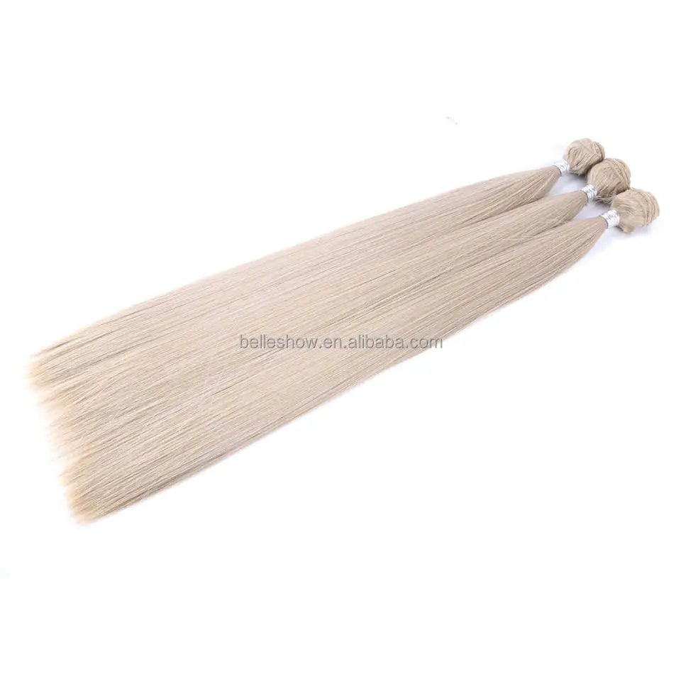 Nature High Temperature Synthetic Hair Weave Extensions 26 Inch Long Bone Straight Ash Blonde Silk Hair Bundle Full To End