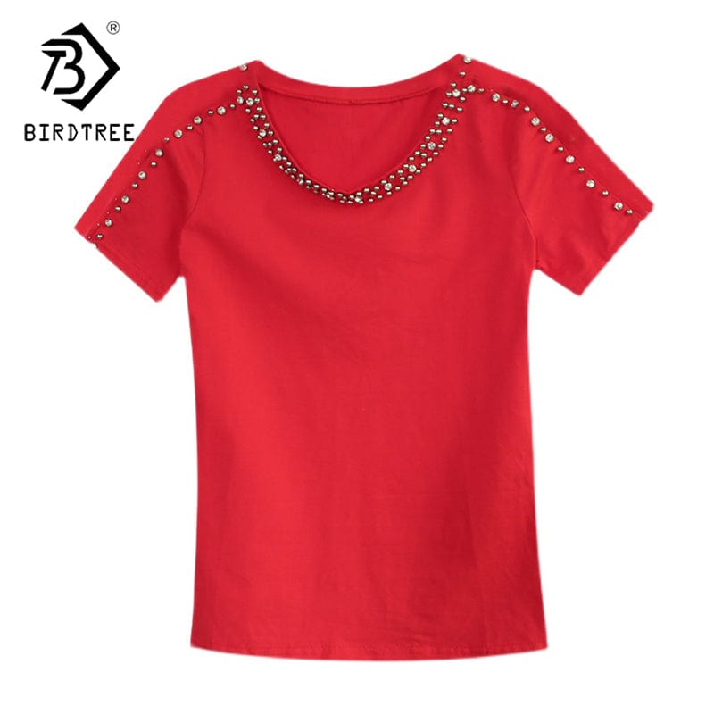New 2022 T-Shirt Women Handmade Diamonds Beading Mesh Patchwork On Sleeve Women Tops Tees Short Sleeve Summer T25503