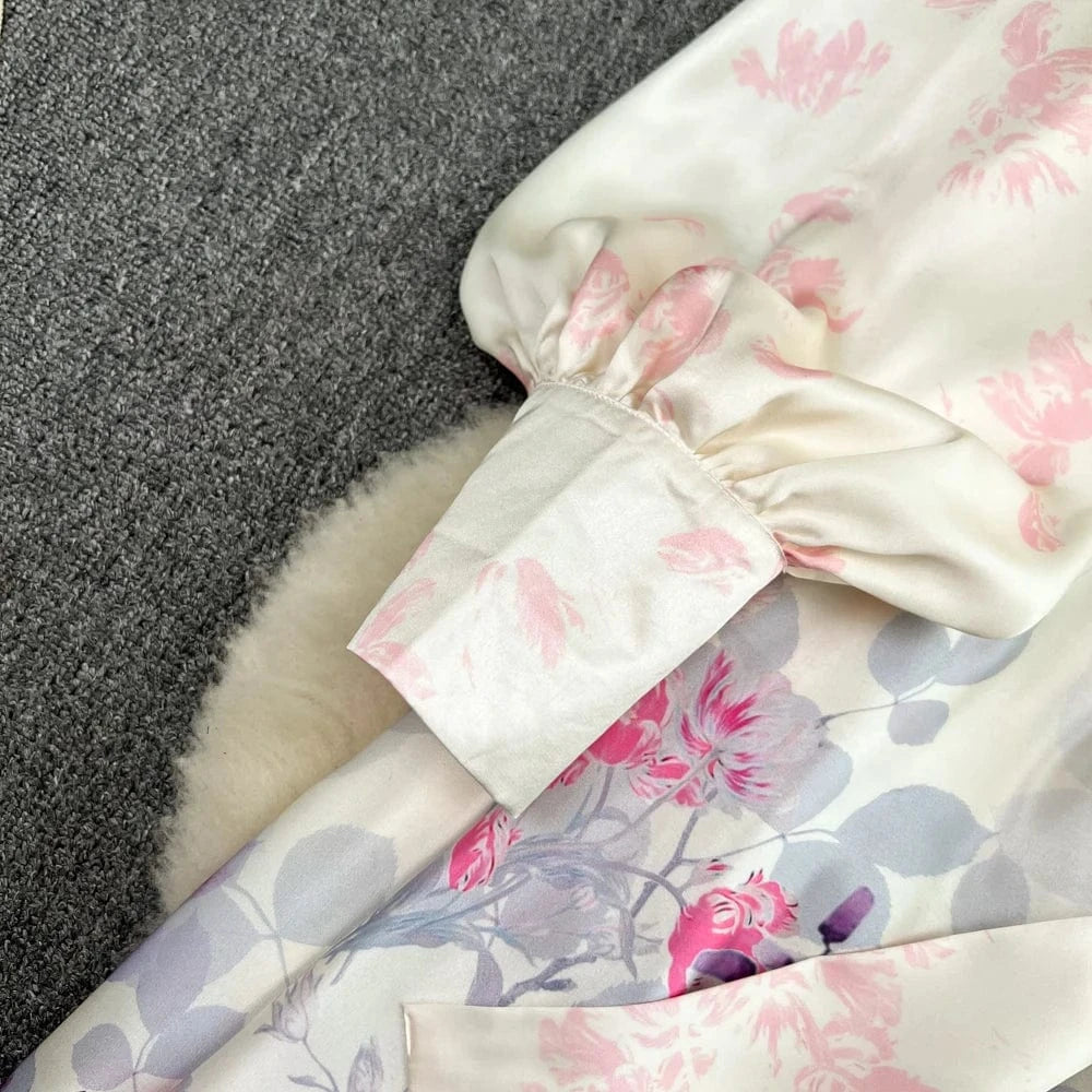New 2024 Korean Chic Long Sleeve Sweet Floral Print Dress Women Casual Dresses Clothing
