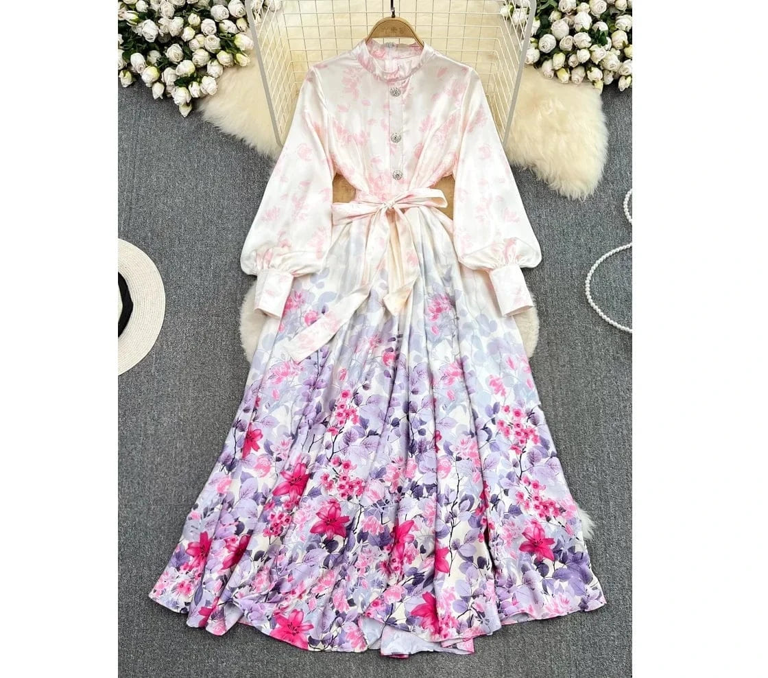 New 2024 Korean Chic Long Sleeve Sweet Floral Print Dress Women Casual Dresses Clothing