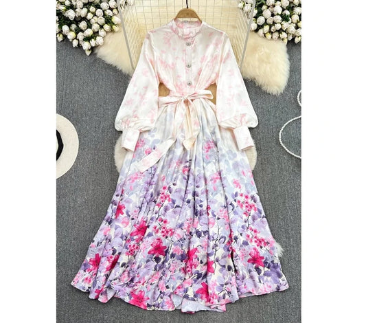 New 2024 Korean Chic Long Sleeve Sweet Floral Print Dress Women Casual Dresses Clothing