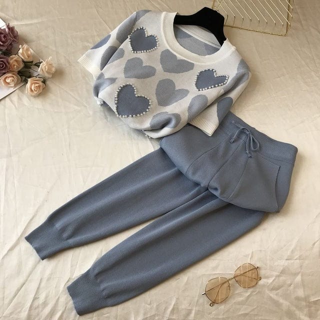 New Arrival Beaded Heart Shape Short-Sleeved Sweater + Elastic Waist Pants Women Sweet 2pcs Suit Ladies Clothing Set