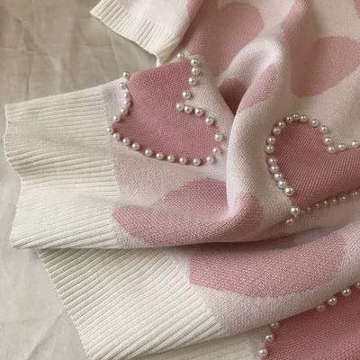 New Arrival Beaded Heart Shape Short-Sleeved Sweater + Elastic Waist Pants Women Sweet 2pcs Suit Ladies Clothing Set