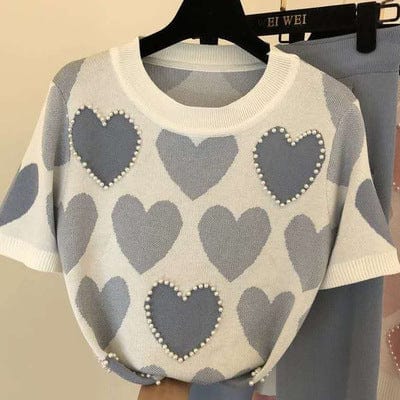 New Arrival Beaded Heart Shape Short-Sleeved Sweater + Elastic Waist Pants Women Sweet 2pcs Suit Ladies Clothing Set
