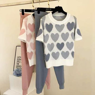 New Arrival Beaded Heart Shape Short-Sleeved Sweater + Elastic Waist Pants Women Sweet 2pcs Suit Ladies Clothing Set