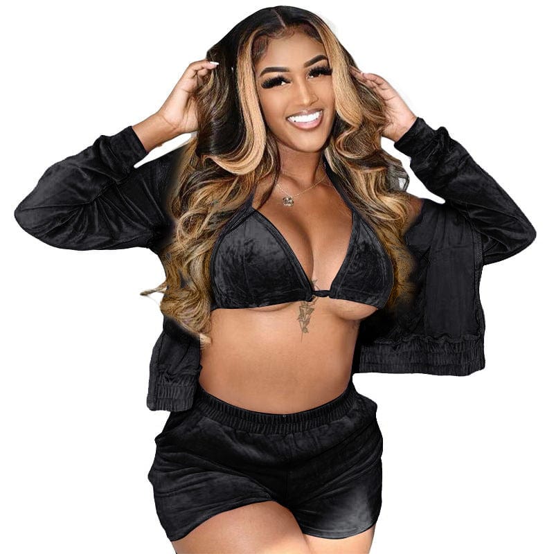 New Arrival Designs For 2022 Summer Velvet 3 Piece Sets Long Sleeve Hooded Zip Short Set Plus Size Solid Sport Outfit