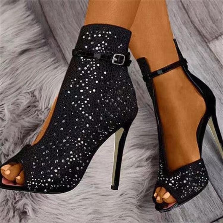 New Arrival Elegant PU Leather Rhinestone High Heels Shoes Fashion Sexy Plus Size Open Toe Sandals for Women and Ladies