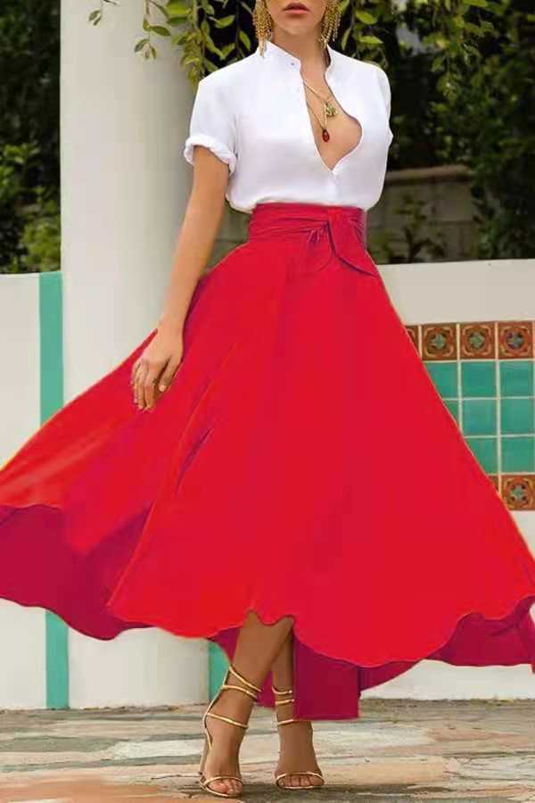 new arrival Fashion Women Girls Europe and America Solid Color Bow Belt Big Hem Hot Sell Dress Long Skirt plus size