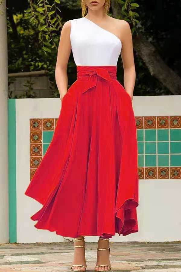 new arrival Fashion Women Girls Europe and America Solid Color Bow Belt Big Hem Hot Sell Dress Long Skirt plus size
