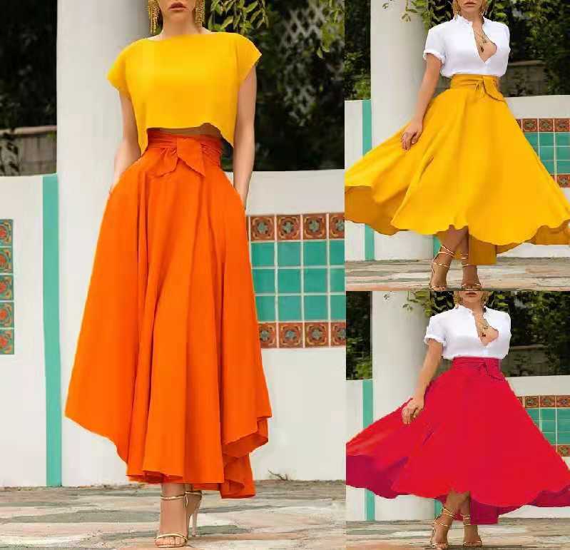 new arrival Fashion Women Girls Europe and America Solid Color Bow Belt Big Hem Hot Sell Dress Long Skirt plus size