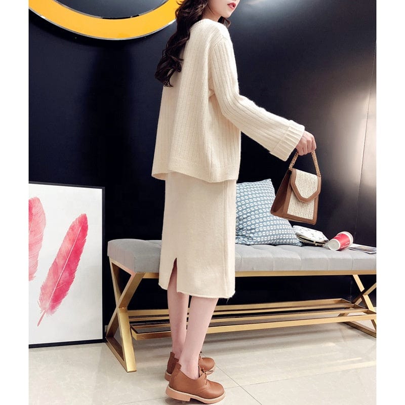 New Arrival Korean Style Office Lady V Neck Sleeveless Dress And Short Cardigan Sweater Set