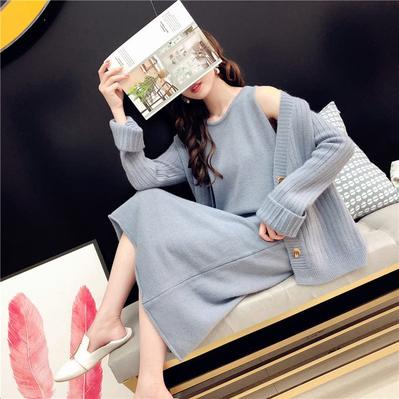 New Arrival Korean Style Office Lady V Neck Sleeveless Dress And Short Cardigan Sweater Set