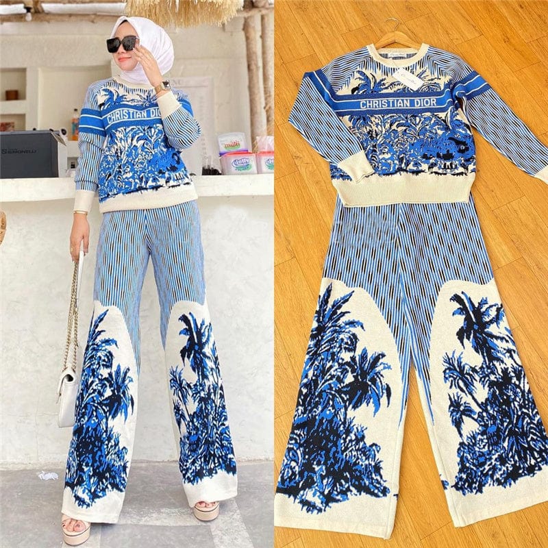 New Arrival Middle East Southeast Knitted Sweater Set Muslim 2 piece Wide Pants Plus Size Suit for Islamic Clothing