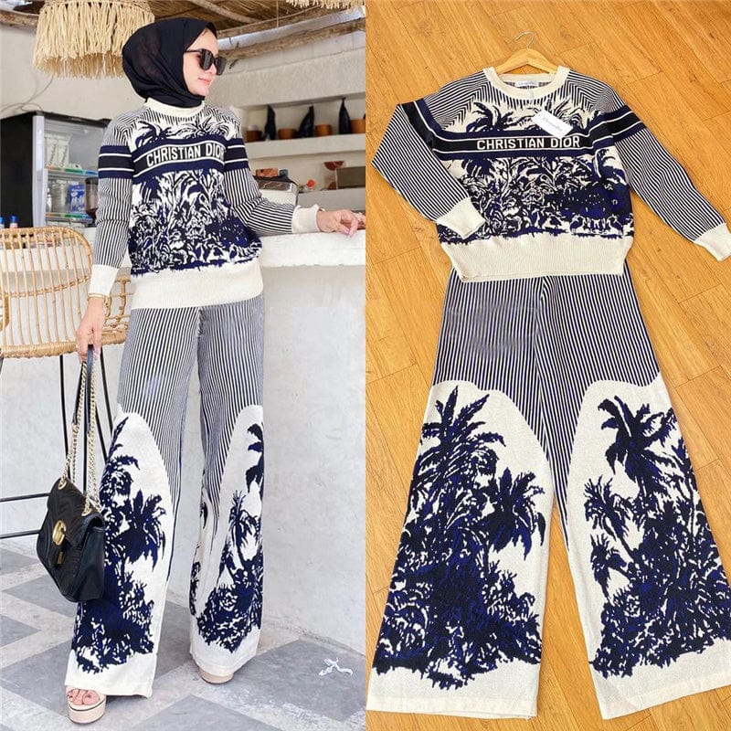 New Arrival Middle East Southeast Knitted Sweater Set Muslim 2 piece Wide Pants Plus Size Suit for Islamic Clothing