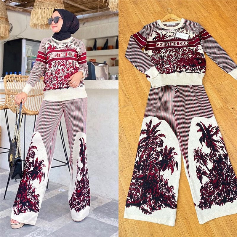 New Arrival Middle East Southeast Knitted Sweater Set Muslim 2 piece Wide Pants Plus Size Suit for Islamic Clothing