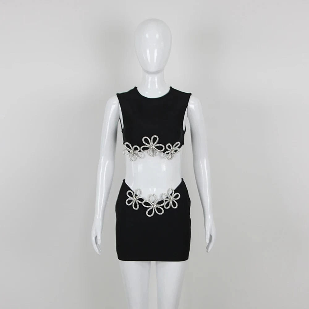 New Arrival Women's Sexy Bodycon Beaded Bandage Two Piece Set For Party Club