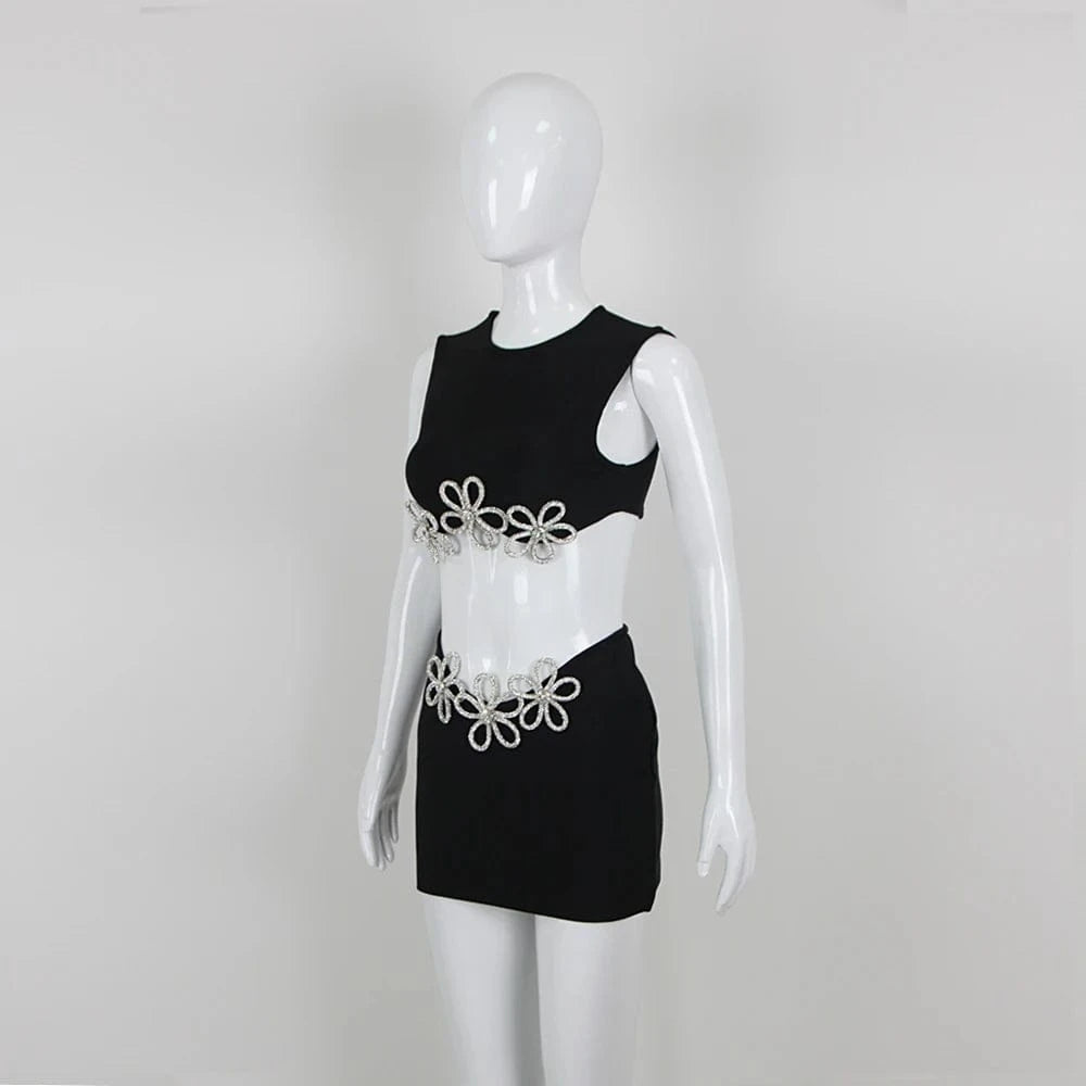 New Arrival Women's Sexy Bodycon Beaded Bandage Two Piece Set For Party Club