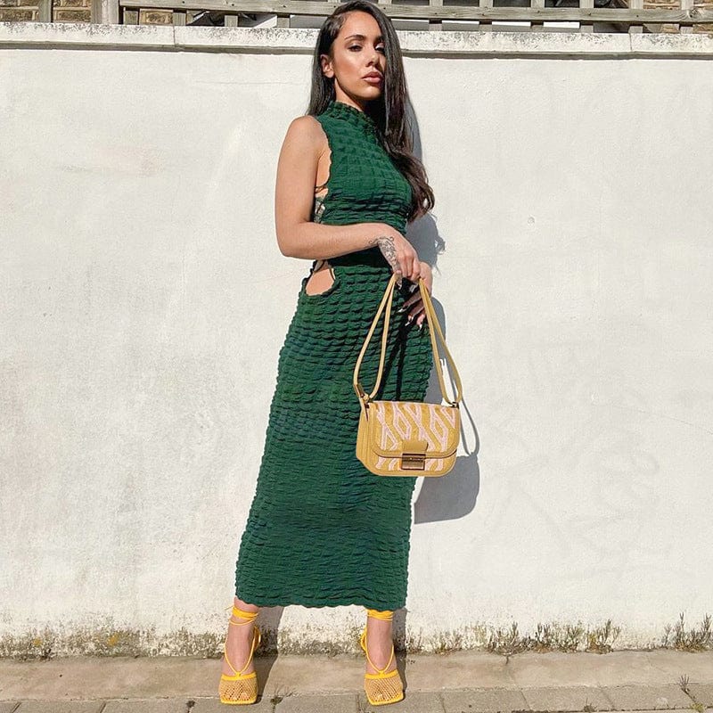 New arrivals 2022 women crew neck sleeveless elegant dresses classic evening prom dress undefined hollow out lace up maxi dress