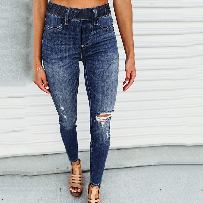New Arrivals 2023 Casual Fashion Blue Distressed High Waist Women Skinny Jeans