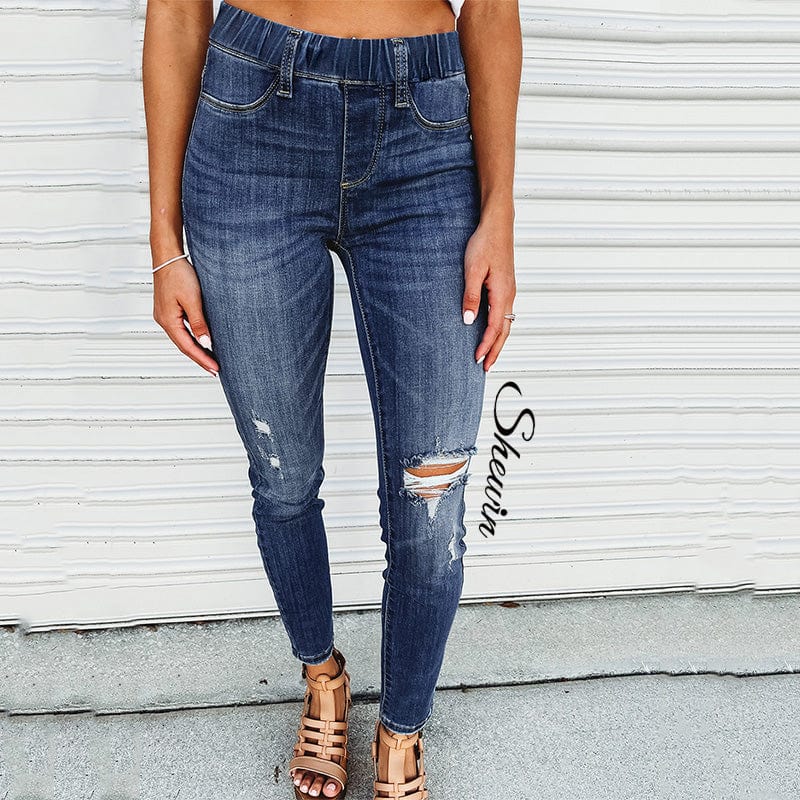 New Arrivals 2023 Casual Fashion Blue Distressed High Waist Women Skinny Jeans