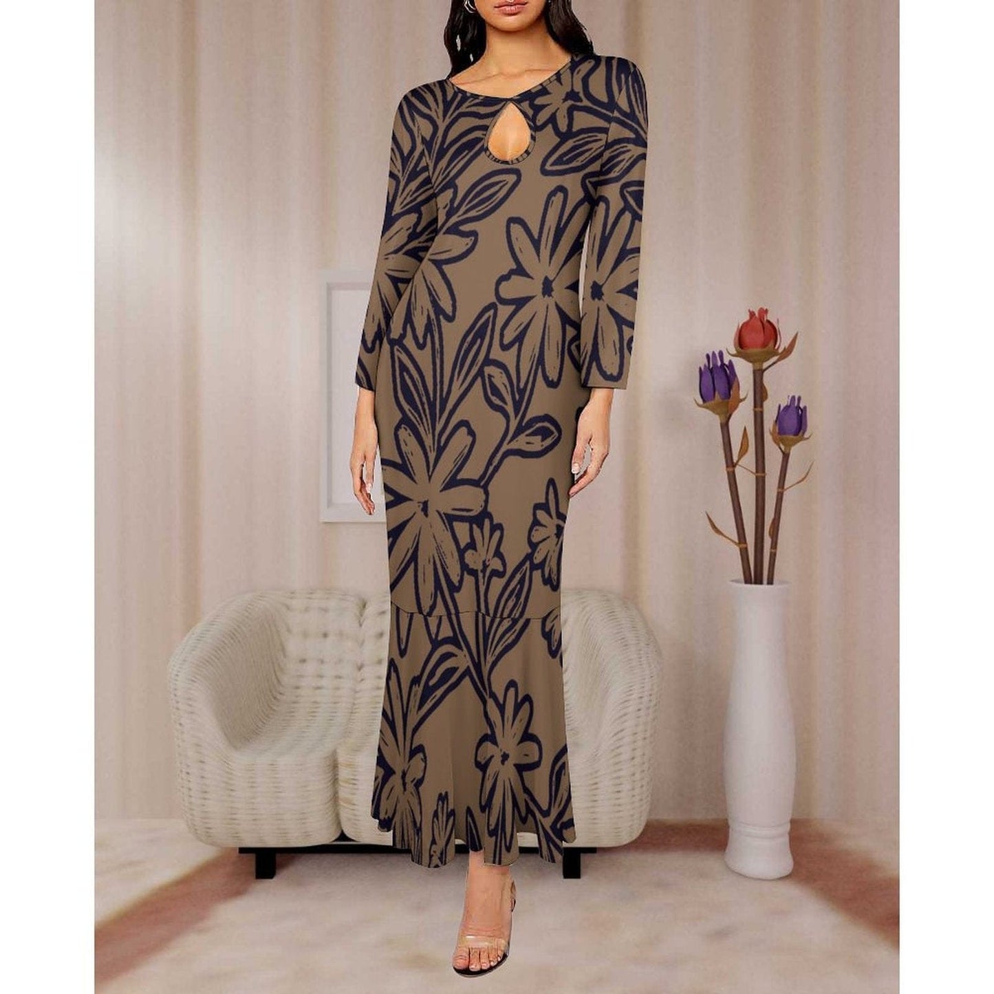 new arrivals 2023 fall new long sleeve slim fit elegant women dress polynesian hawaiian floral maxi mermaid dress