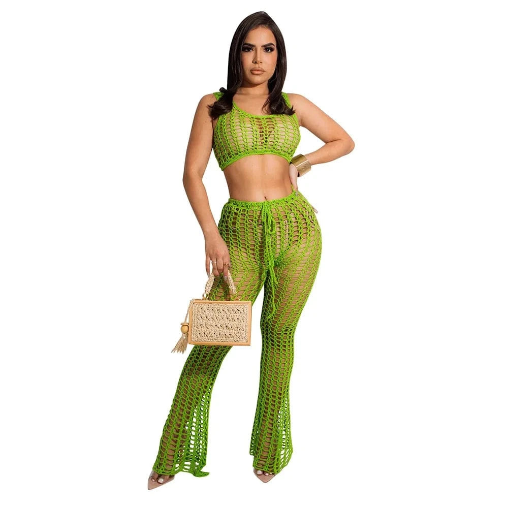 New Arrivals Summer Sexy Crochet Hollow Out Set Clothing Ladies Wide Leg Two Piece PantS Set Outfits Joggers