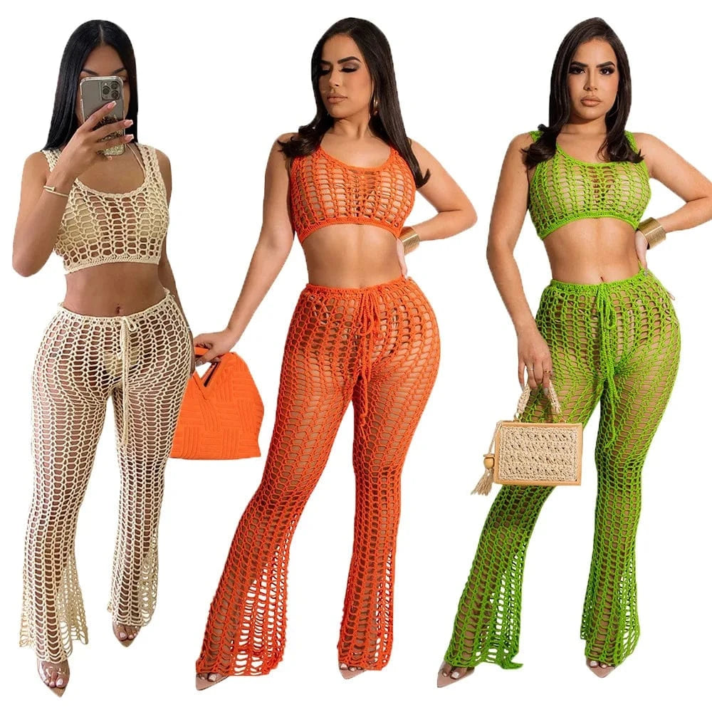 New Arrivals Summer Sexy Crochet Hollow Out Set Clothing Ladies Wide Leg Two Piece PantS Set Outfits Joggers