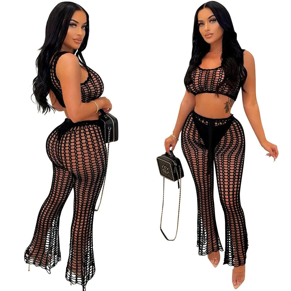 New Arrivals Summer Sexy Crochet Hollow Out Set Clothing Ladies Wide Leg Two Piece PantS Set Outfits Joggers