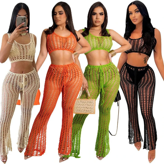 New Arrivals Summer Sexy Crochet Hollow Out Set Clothing Ladies Wide Leg Two Piece PantS Set Outfits Joggers