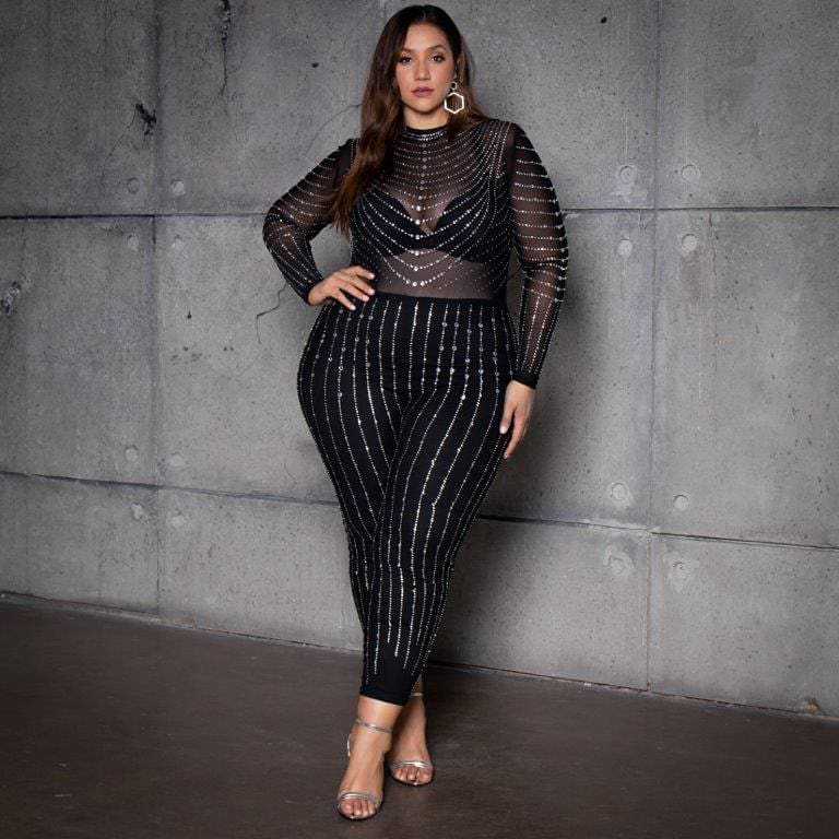 New Arrivals womens clothing 2023 mesh sheer women bodysuit sexy long-sleeve Rompers hot diamond plus size jumpsuits