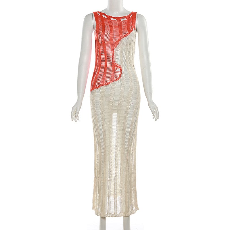 New Contrast Color Sexy Sleeveless Knitted High Waist Long Dress Autumn