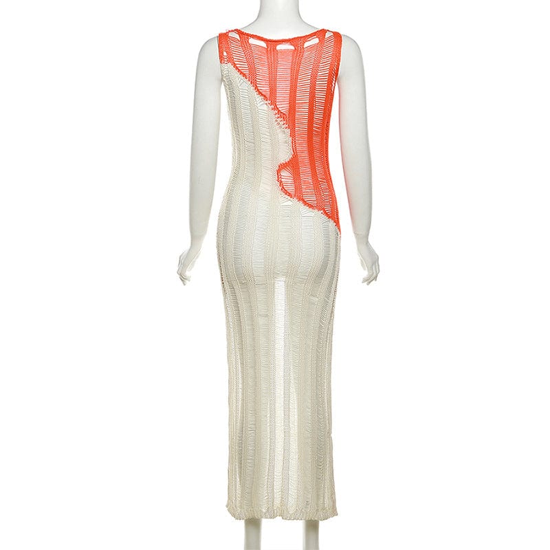 New Contrast Color Sexy Sleeveless Knitted High Waist Long Dress Autumn
