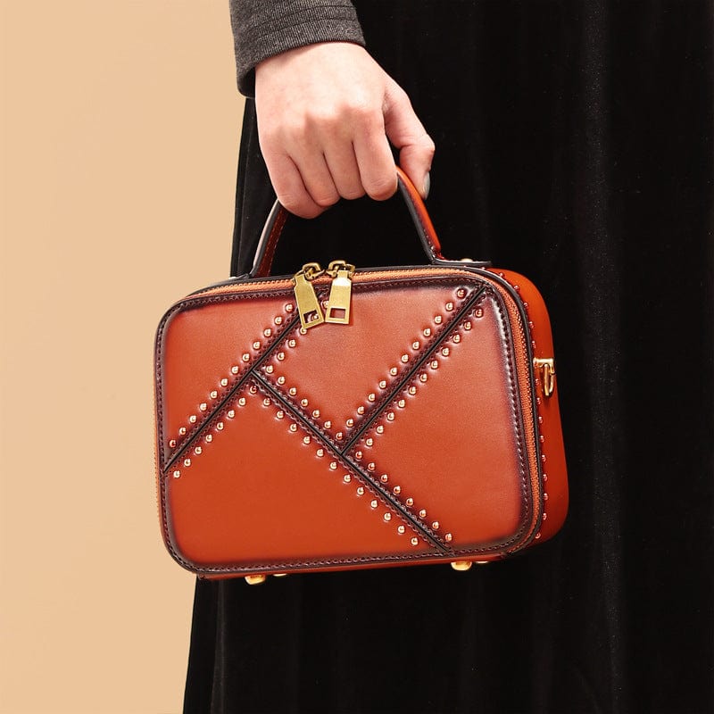 New design custom small handbag rivet shoulder crossbody bag vintage fashion bag genuine ladies bags leather handbags for women