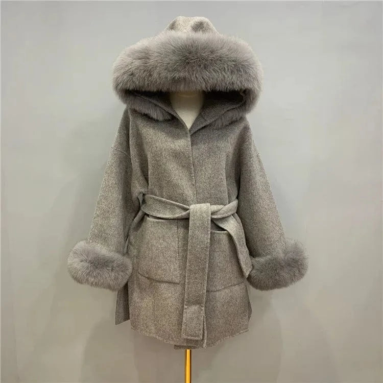 New Design Double Loose Size Wool Coats Women Cashmere Coat With Fur Fox Hood