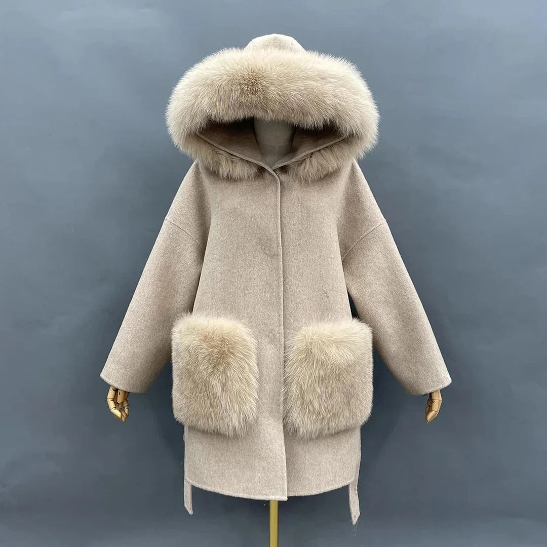New Design Loose Size Winter Women Warm Fashion Belt Big Fur Cuff And Collar Coat Oversize Hooded Long Cashmere Wool Fur Coats