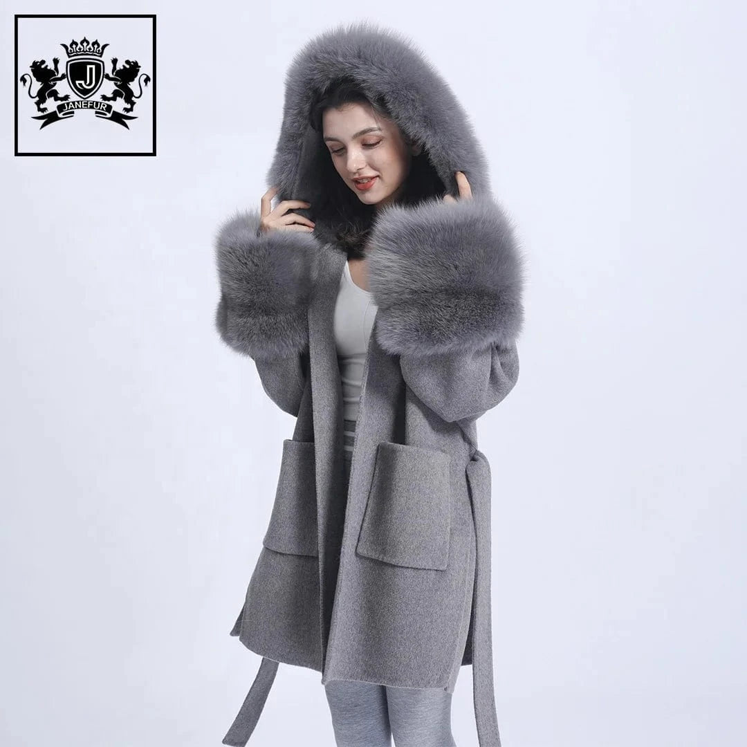 New Design Loose Size Winter Women Warm Fashion Belt Big Fur Cuff And Collar Coat Oversize Hooded Long Cashmere Wool Fur Coats