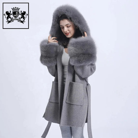 New Design Loose Size Winter Women Warm Fashion Belt Big Fur Cuff And Collar Coat Oversize Hooded Long Cashmere Wool Fur Coats