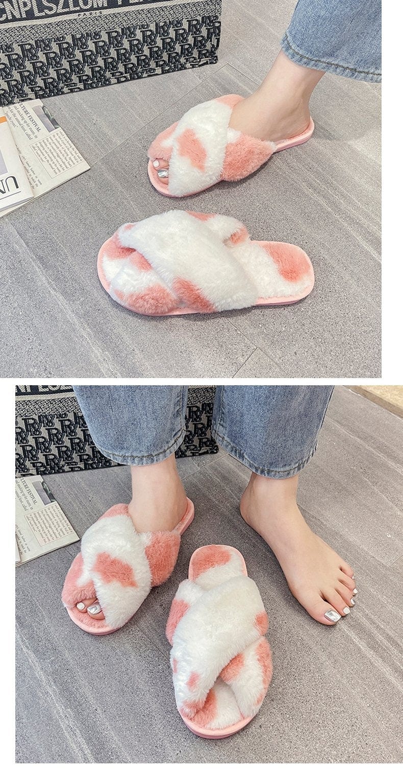 New Design Luxury Mixed Colors Furry Warm Women Slippers Cross Strap Round Toe Open Toe Softy Sole Plush Sandals