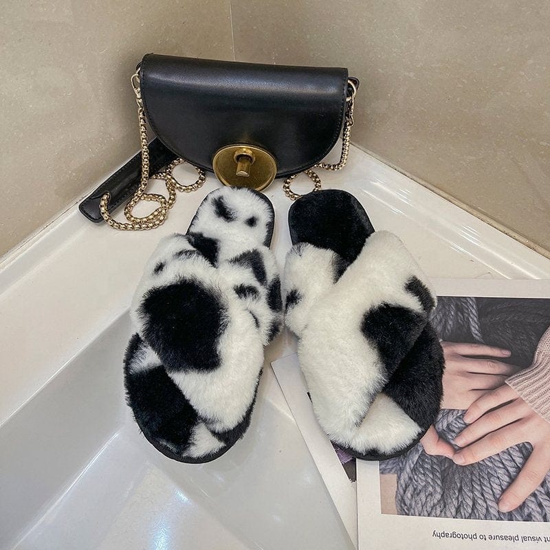 New Design Luxury Mixed Colors Furry Warm Women Slippers Cross Strap Round Toe Open Toe Softy Sole Plush Sandals