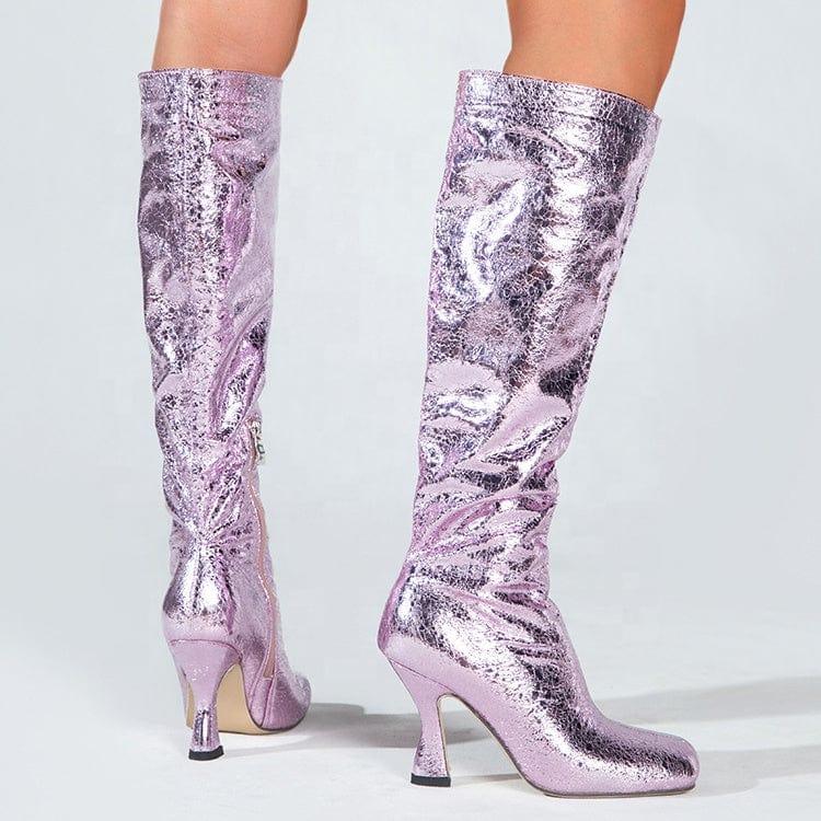 New Design Special Material Bright Color Knee High Boots for Women Square Toe Midi Heel Zipper Slip-on Fashion Women Boots