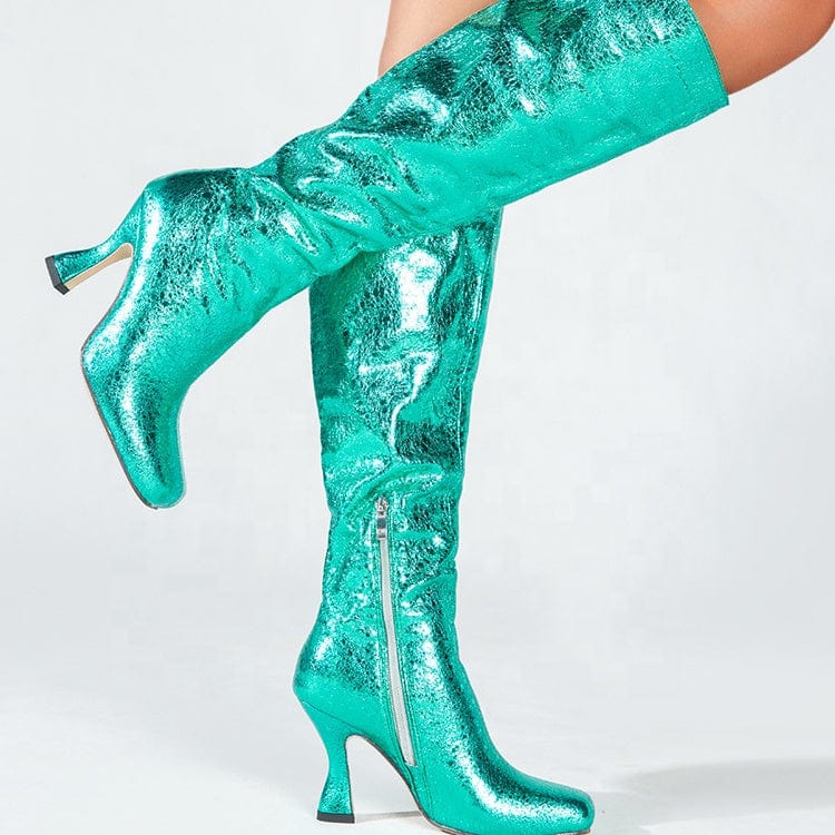 New Design Special Material Bright Color Knee High Boots for Women Square Toe Midi Heel Zipper Slip-on Fashion Women Boots
