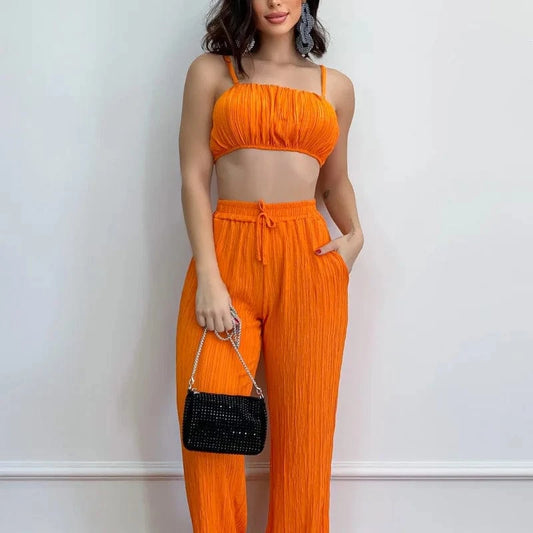 New Design Summer Lady Suits Casual Street Wear Crop Top FullTrousers Loungewear Women Clothing Two Piece Sets