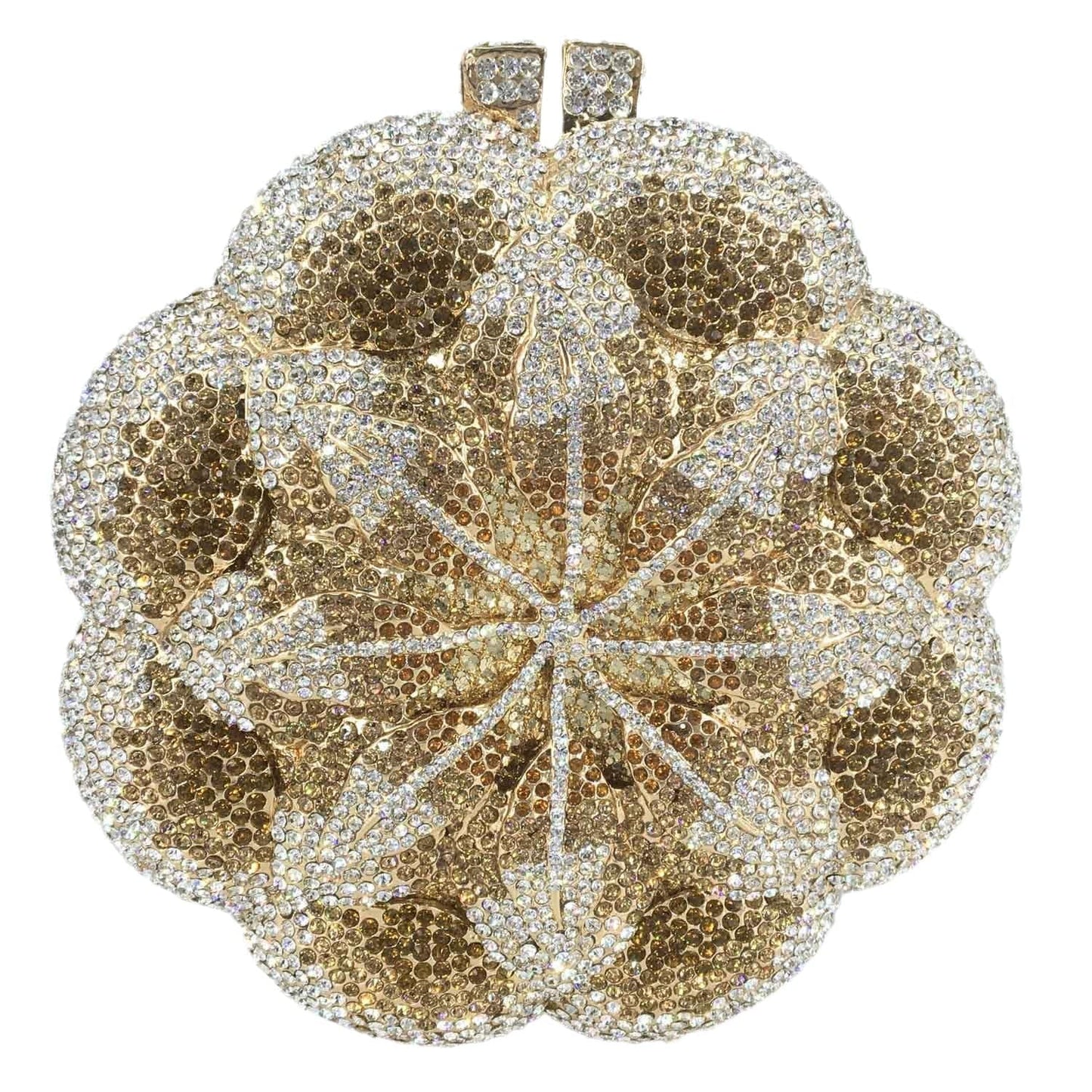 New Designer Luxury Flower Shape Crystal Rhinestone Party Clutch Evening Bag Hard Metal Round Bridal Purse